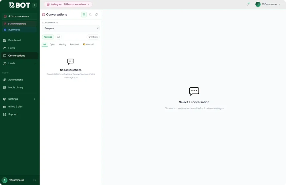 12Bot Conversations page for an Instagram account, showing assignment and filter controls with an empty conversation area.