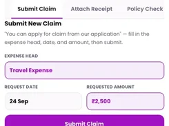 Mobile claim submission form for a travel expense request.