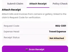 Mobile receipt attachment screen for a travel expense claim.