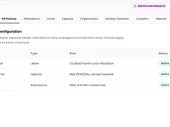 HR policies configuration screen with leave, expense, and attendance rules.