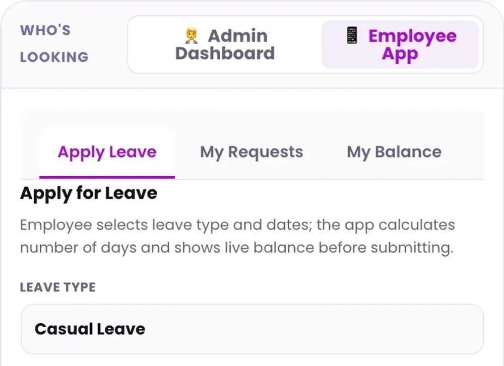 Employee leave application screen with Casual Leave selected.