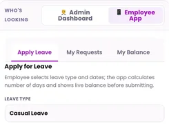Employee leave application screen with Casual Leave selected.