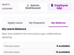 Employee leave-balance screen showing available casual and earned leave.
