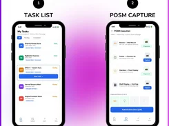 Two 1Channel mobile screens showing a task list of assigned stores and a POSM execution capture checklist.
