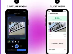 Two 1Channel mobile screens labeled Capture POSM and Audit View, showing photo capture and a compliance-check result.
