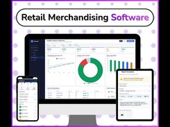 Retail merchandising software graphic with desktop analytics dashboard and mobile screens for store activity and reporting an execution exception.