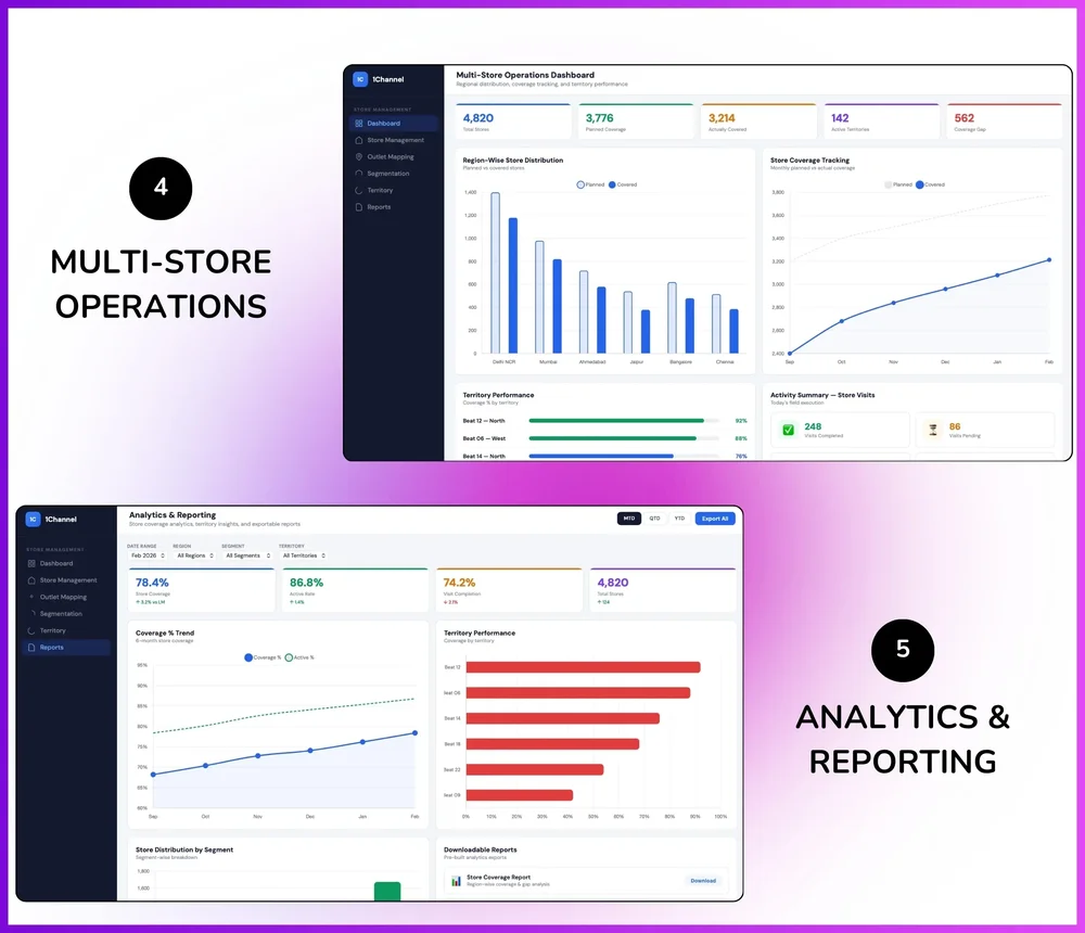 Multi-store operations and analytics-reporting dashboards with store coverage, regional distribution, territory performance, and visit metrics.