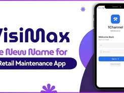 Promotional graphic for the 1Channel Visimax retail maintenance app showing its sign-in screen on a smartphone.