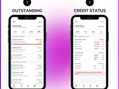 Two mobile screens labeled Outstanding and Credit Status showing due amounts, payment records, credit limits, and outlet utilization.