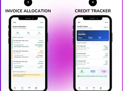 Two mobile screens labeled Invoice Allocation and Credit Tracker showing payment-to-invoice matching, credit limits, pending payments, and credit history.