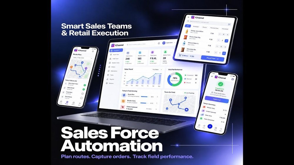 1Channel sales-force automation dashboards shown on laptop, tablet, and mobile screens.