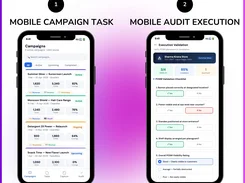 Two mobile app screens show a campaigns list and an execution-validation checklist for retail point-of-sale materials.