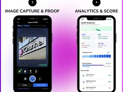 Two mobile app screens show POSM image capture with GPS verification and an audit analytics summary.