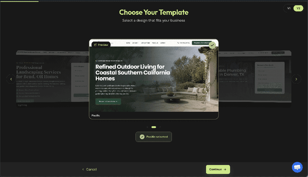 Dark-themed template-selection interface titled “Choose Your Template,” showing a selected Pacific website template preview, version toggle, carousel controls, Cancel and Continue buttons, and a chat button.