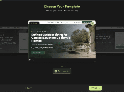 Dark-themed template-selection interface titled “Choose Your Template,” showing a selected Pacific website template preview, version toggle, carousel controls, Cancel and Continue buttons, and a chat button.