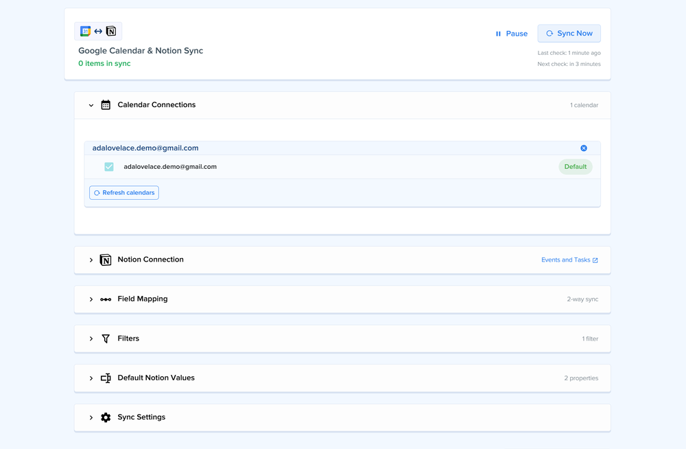 A running Google Calendar and Notion automation, with its connections, field mapping, filters and sync settings in one place.
