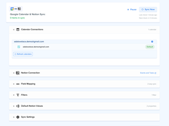 A running Google Calendar and Notion automation, with its connections, field mapping, filters and sync settings in one place.