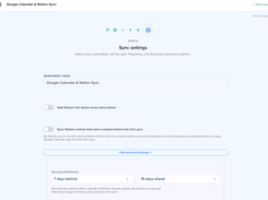 Sync settings, including the time window synced and whether entries created before the first sync are included.