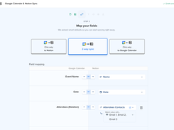 Field mapping with a direction per field: two-way, one-way to Notion, or one-way to Google Calendar.