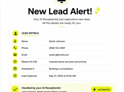 Voice AI AI Receptionist lead-alert screen showing a new lead notification, lead-detail fields, and dashboard and reply buttons.