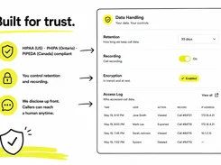 Trust and data-handling graphic showing compliance, retention and recording controls, encryption status, and an access-log interface with arrows linking feature claims to the UI.