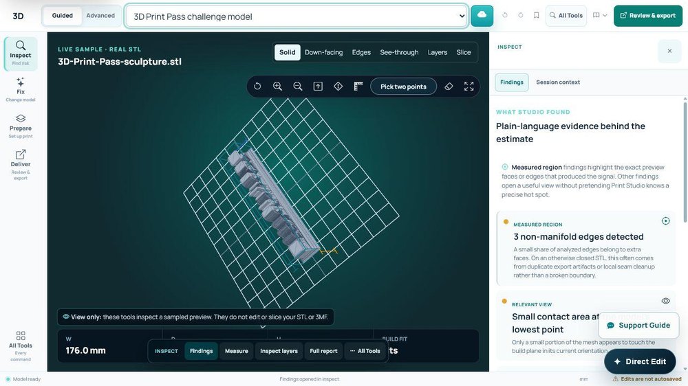 3D Print Pass in Guided mode displays an STL model on a build grid and an Inspect findings panel reporting three non-manifold edges.