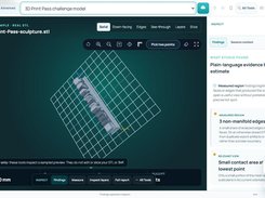 3D Print Pass in Guided mode displays an STL model on a build grid and an Inspect findings panel reporting three non-manifold edges.