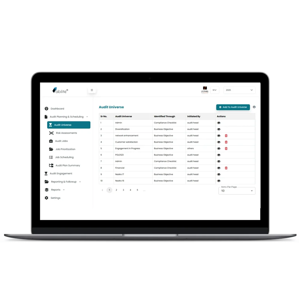 Abilite Audit Universe page with a sidebar navigation menu and a table of audit-universe entries.
