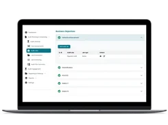 Abilite Business Objectives view showing an expanded network enhancement section with an audit-job table and collapsed objective rows.