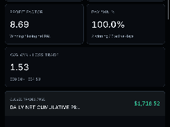 Mobile ABRIDYN webpage showing journal metrics including net profit and loss, trade win percentage, profit factor, and a cumulative profit-and-loss chart.