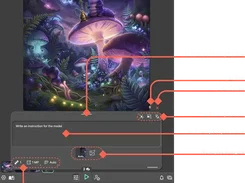 Annotated ABrush editor with a fantasy mushroom image, an instruction text box, generation controls, and image thumbnails.