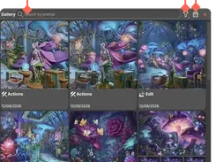 Annotated ABrush Gallery view containing a grid of colorful generated fantasy-art images, search field, filter icon, and view controls.