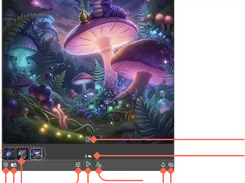 ABrush dark-themed editor displaying a colorful fantasy mushroom illustration, with annotated callouts pointing to interface controls and image thumbnails.