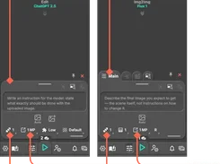 Side-by-side annotated ABrush panels for Edit ChatGPT 2.5 and Img2Img Flux 1, each with instruction fields and generation settings.