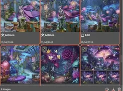 Annotated ABrush Gallery grid with multiple selected fantasy-art images and bottom action icons for the selection.