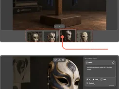 Two annotated ABrush interface views showing a decorative mask image, a thumbnail strip, image controls, and a settings panel.