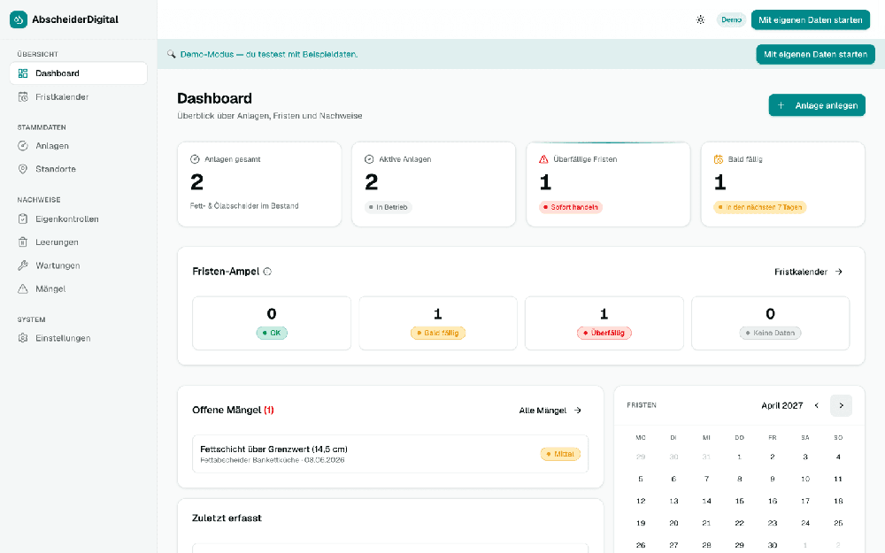 AbscheiderDigital web dashboard in German showing navigation for facilities, deadlines, inspections, emptying, maintenance, and defects; summary cards, a deadline status panel, an open defect, and an April 2027 calendar are visible.