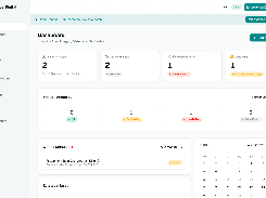 AbscheiderDigital web dashboard in German showing navigation for facilities, deadlines, inspections, emptying, maintenance, and defects; summary cards, a deadline status panel, an open defect, and an April 2027 calendar are visible.