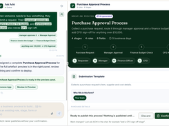 The Achi workspace with a chat conversation at left and a generated Purchase Approval Process preview and submission template at right.