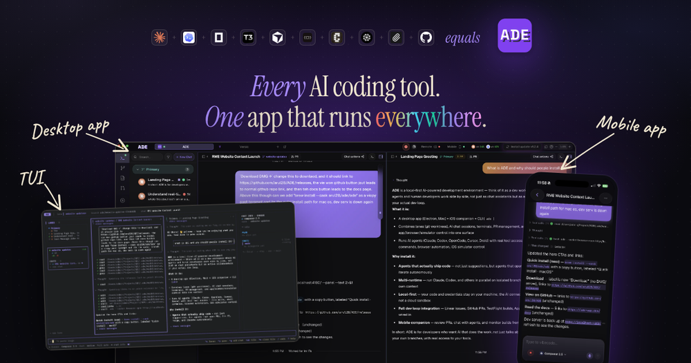Composite promotional image showing ADE running on a desktop app, terminal interface, and mobile app, with the headline “Every AI coding tool. One app that runs everywhere.”