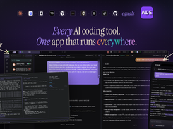 Composite promotional image showing ADE running on a desktop app, terminal interface, and mobile app, with the headline “Every AI coding tool. One app that runs everywhere.”