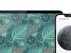 Tablet and phone mockups show a floral pattern, a pebbled material sphere, and a succulent photo with sampled color swatches.