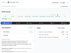 Keep client needs, preferences, budgets, tasks, and next steps organized in one place, with a clear view of each client's progress.