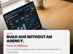 A laptop displays a dark campaign-performance dashboard with summary metrics, bar charts, and a line chart; an Adyft promotional panel overlays the lower portion of the image.
