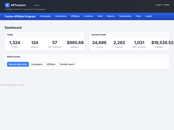AffTrackers admin dashboard for a casino affiliate program, showing today and current-month click, signup, first-deposit, and earnings metrics plus quick-access buttons.
