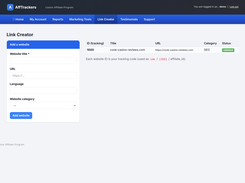 AffTrackers Link Creator page with an add-website form and a table listing a tracked website, URL, category, and validation status.
