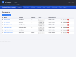AffTrackers admin Campaigns page listing casino affiliate campaigns, advertisers, statuses, default CPA or revenue-share values, and edit and creatives actions.