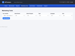 AffTrackers Marketing Tools page with filters for website, brand, program, content type, language, and size, plus a Show Results button.