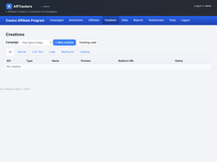 AffTrackers admin Creatives page with campaign selection, new-creative and tracking-code buttons, creative-type tabs, and an empty creative table.