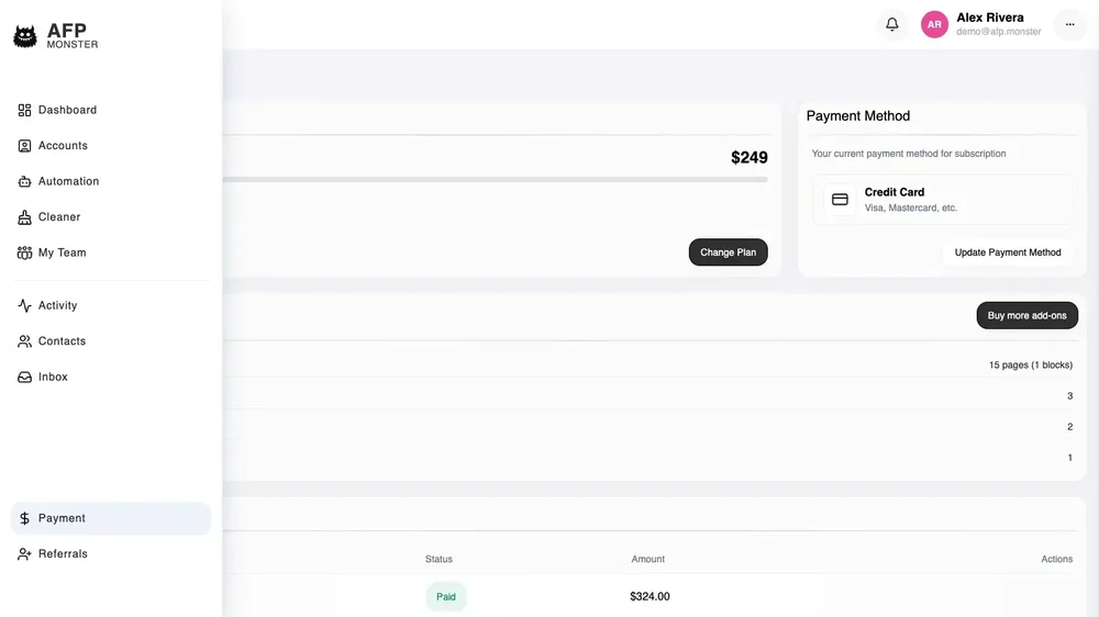 AFP Monster payment settings page showing navigation, a $249 plan amount, payment-method controls, and a paid $324.00 entry.